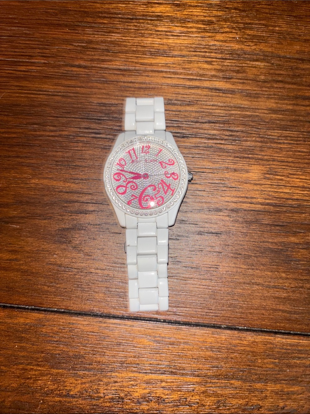 Betsey Johnson White Ceramic Watch with Pink Numerals